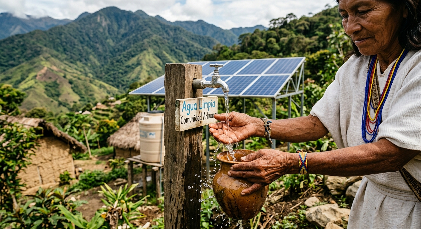 Una mujer indígena recoge agua limpia de una llave comunitaria alimentada por paneles solares.