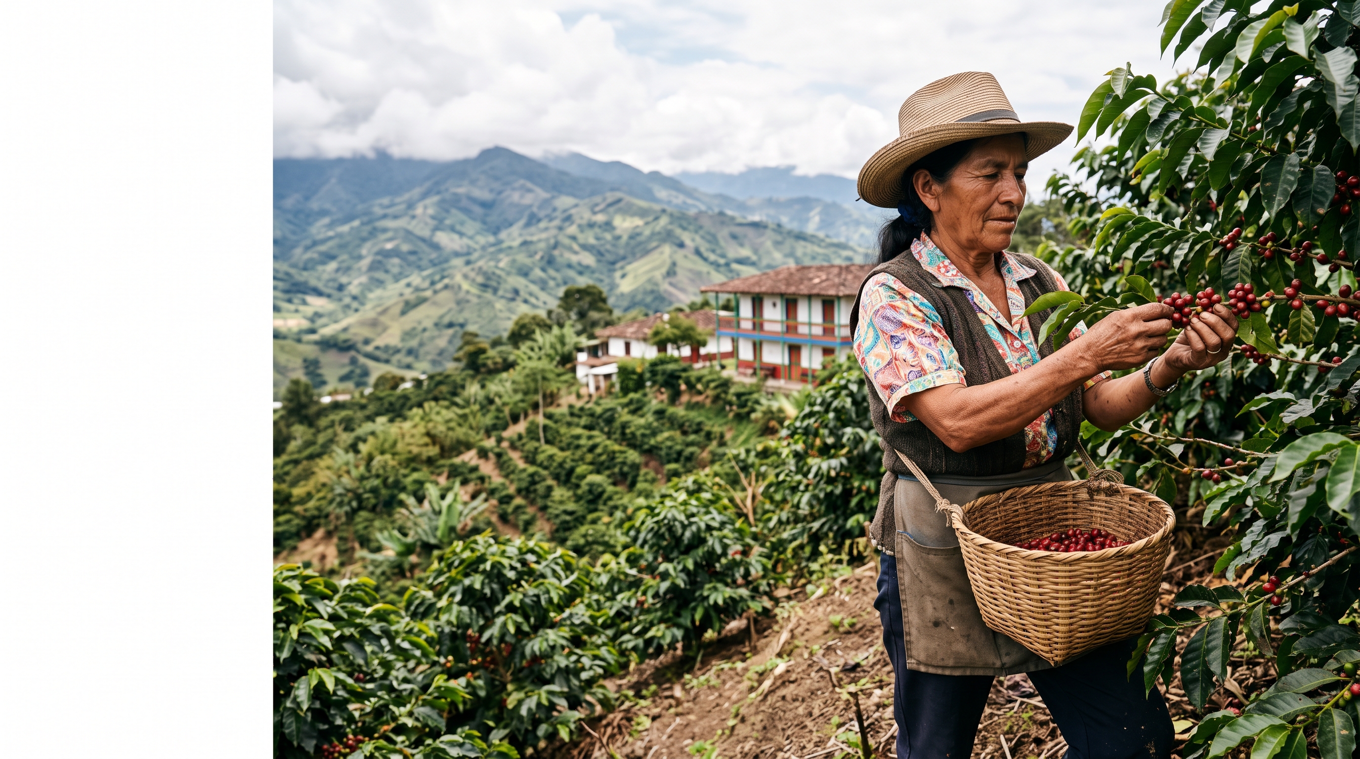 Una recolectora cosecha café maduro en una ladera del paisaje cafetero colombiano.