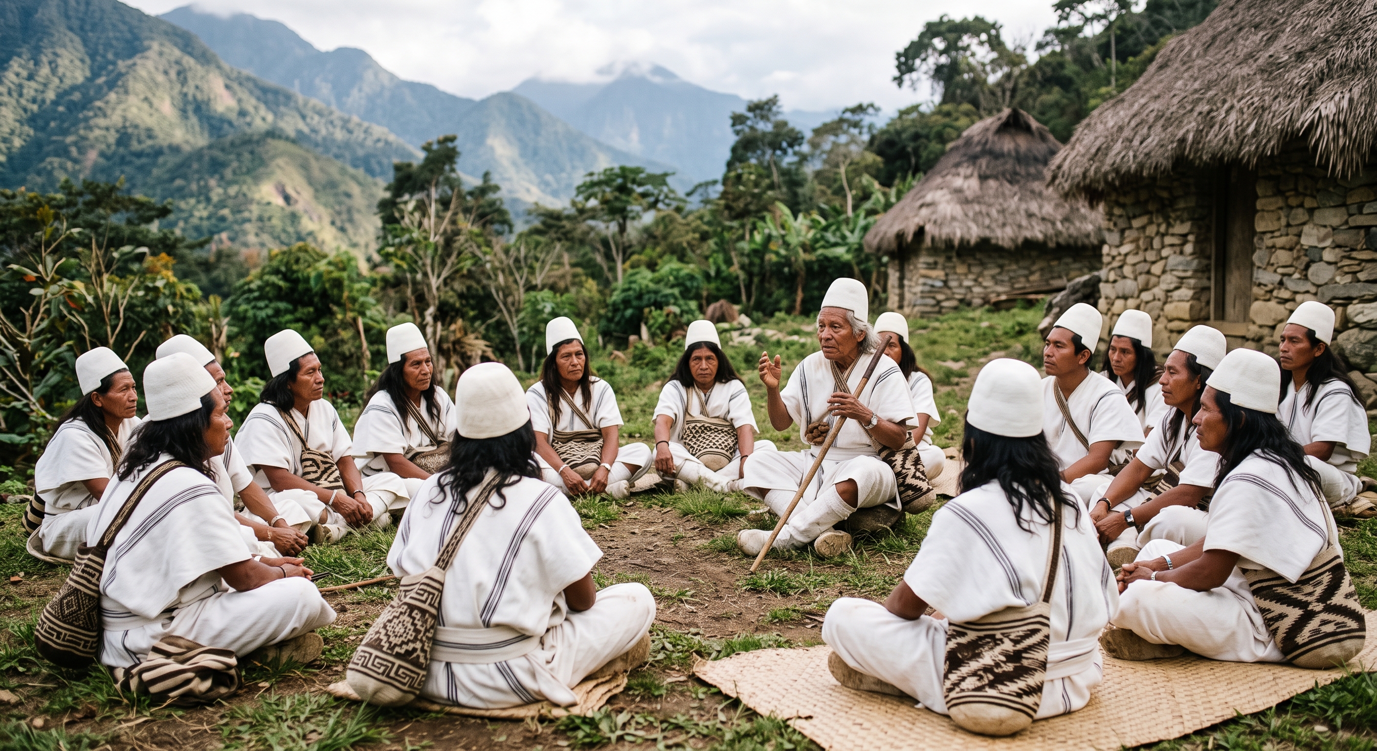Autoridades de un pueblo indígena de la Sierra Nevada dialogan sentadas en círculo, en un espacio comunitario tradicional.