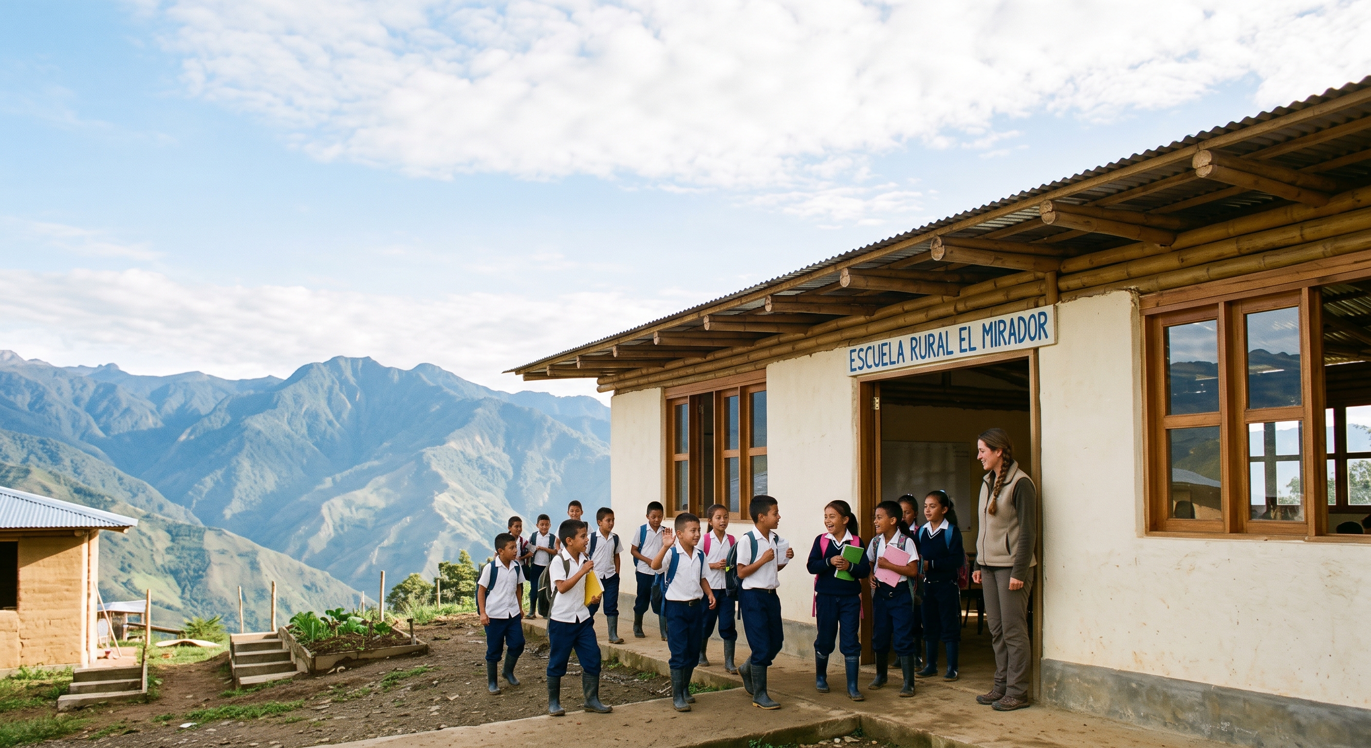 Niñas y niños con uniforme salen de la Escuela Rural El Mirador, una construcción de tapia y madera en la alta montaña.