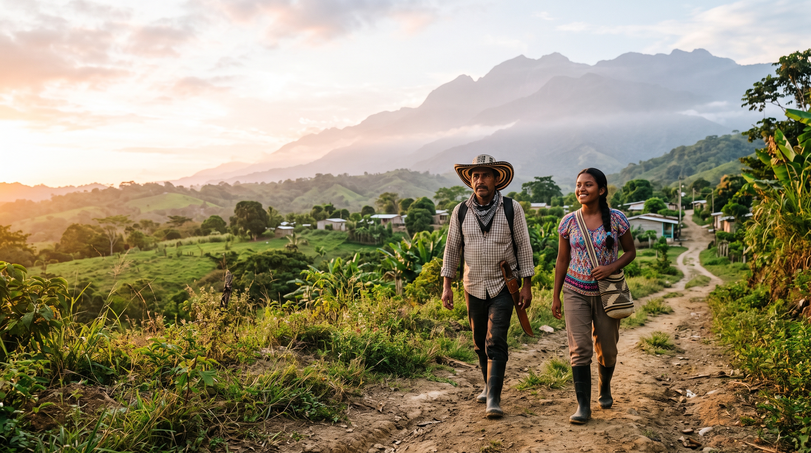 Un hombre y una joven campesinos caminan por un sendero rural al atardecer, hacia un caserío entre montañas colombianas.