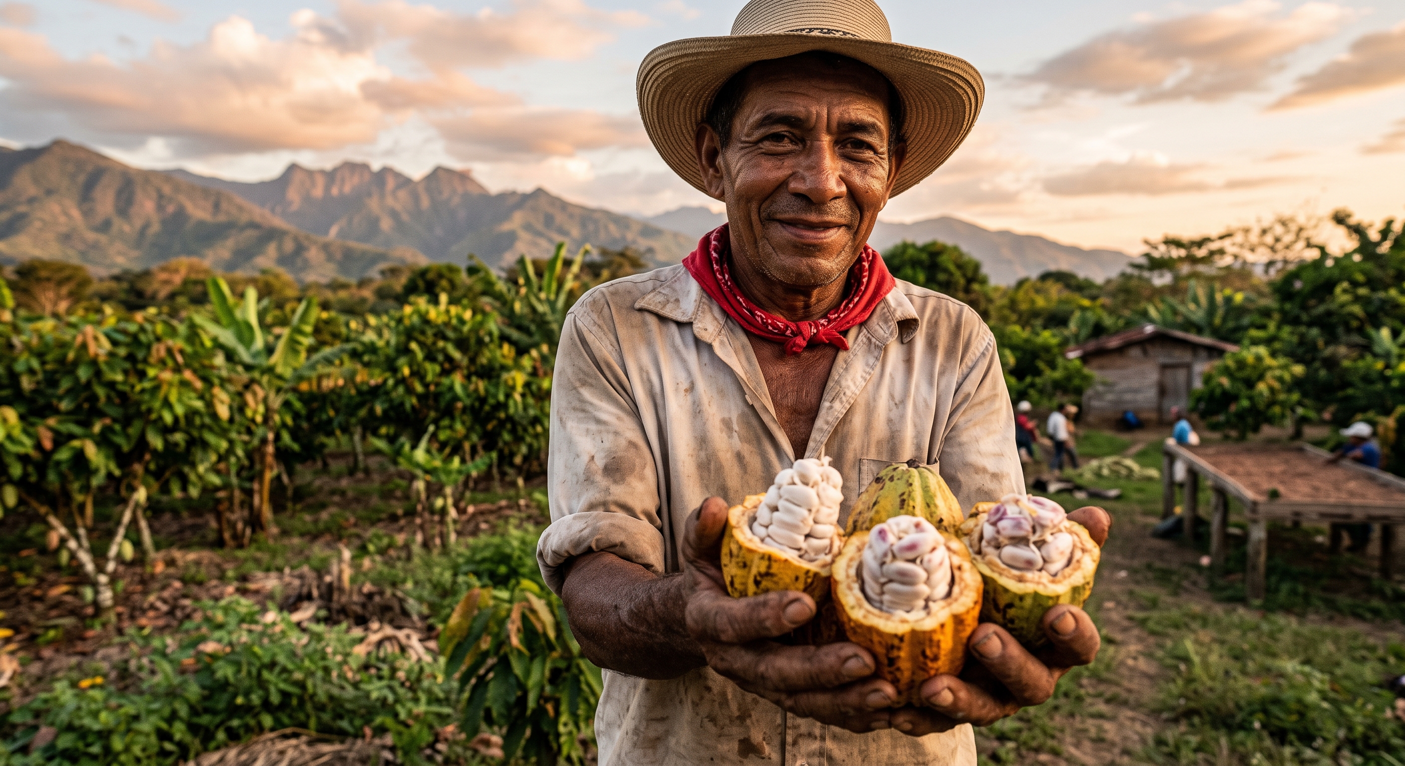 Un agricultor sonríe sosteniendo mazorcas de cacao abiertas en su finca al pie de la montaña.