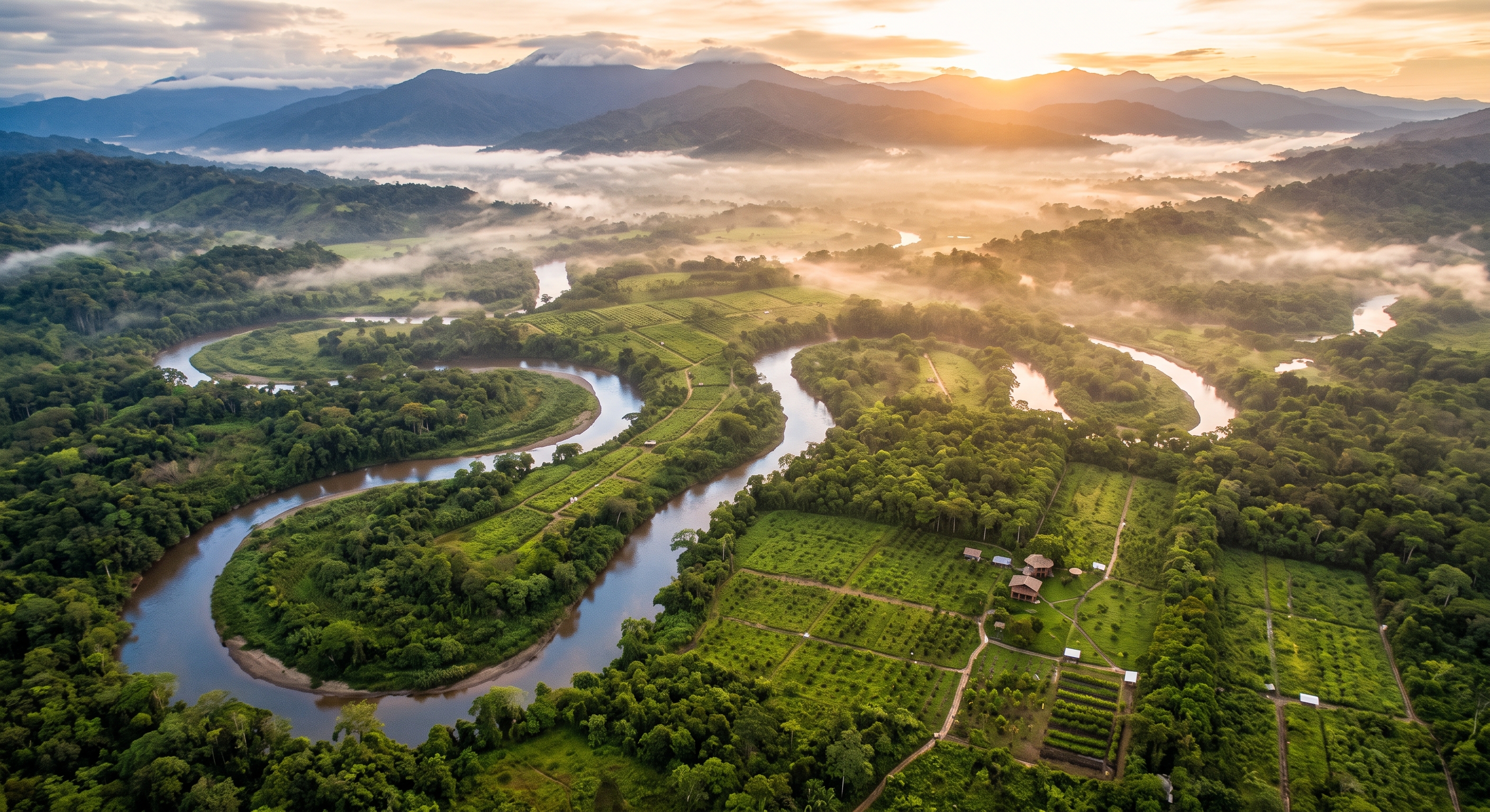 Vista aérea de un río que serpentea entre selva y parcelas agrícolas al amanecer.