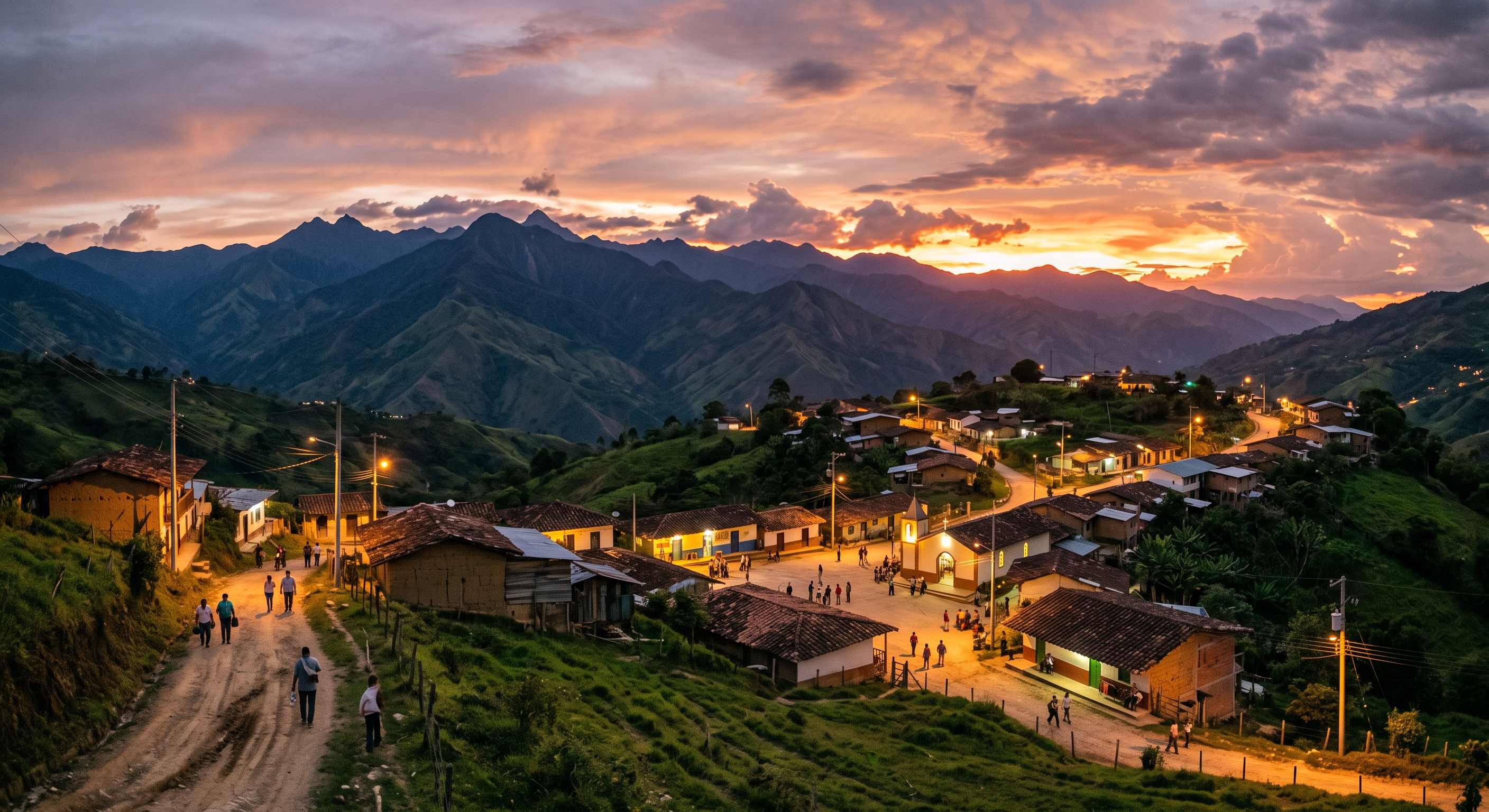 Caserío de montaña al atardecer con su iglesia iluminada y las cordilleras al fondo.